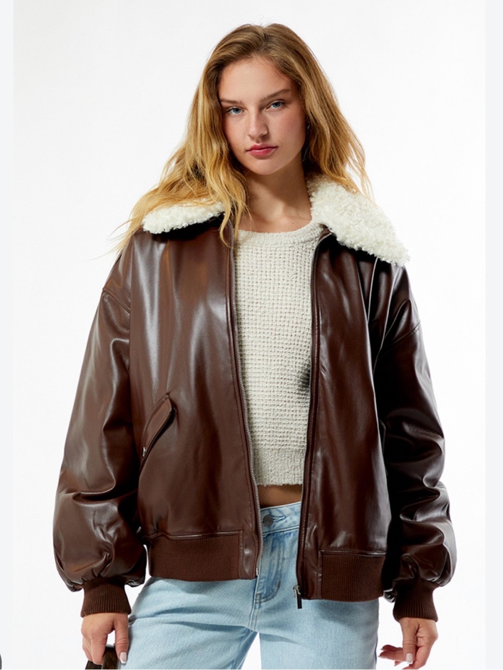 WEWOREWHAT Faux Leather Sherpa Collar Bomber Jacket Brown Size Large